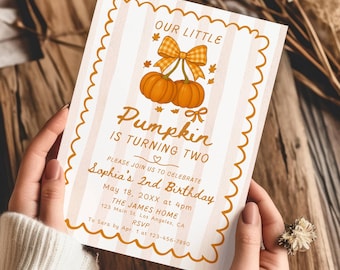 ANY AGE Our Little Pumpkin Birthday Party Invitation Template, Fall Autumn Birthday Invite, Halloween Hand Drawn Stripes Birthday Invite