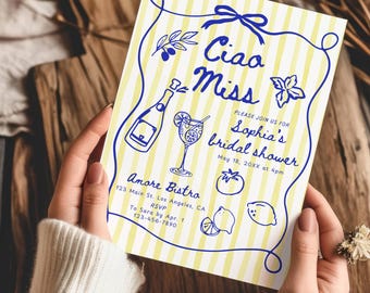 Ciao Miss Bridal Shower Invitation Template, Italian Theme Wedding Shower Invite, La Dolce Vita Hand Drawn Bridal Brunch Invite Editable