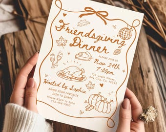 Friendsgiving Dinner Invitation Template, Thanksgiving Party Invite, Fall Holiday Potluck Invitation, Hand Drawn Autumn Invite Editable