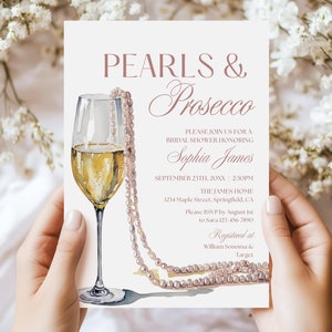Pearls and Prosecco Bridal Shower Invitation Template, Pearls & Prosecco Bridal Shower Invite, Pearl Wedding Shower Brunch Decor Printable