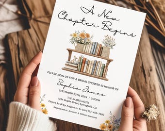May include: A white invitation with the text "A New Chapter Begins" and details for a bridal shower. The invitation features watercolor illustrations of bookshelves and floral arrangements. The event is for Sophia James.