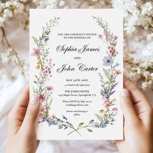 Wildflower Wedding Invitation Template, Elegant Garden Party Wedding Invite, Watercolor Boho Floral Flower Wedding Invite Coquette Editable