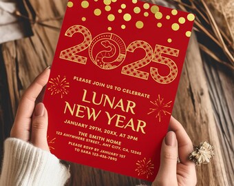 2025 Chinese New Years Party Invitation Template, Lunar New Year Party Invite, Year of the Snake Red and Gold Invite Editable Printable