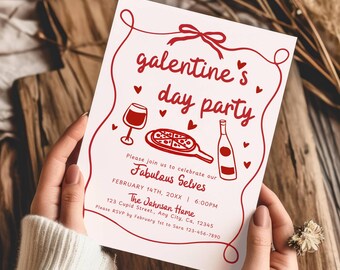 Galentine's Day Invitation Template, Valentines Party Girls Night Party Invite, Pink hand drawn pizza Galentines Invite Brunch Printable