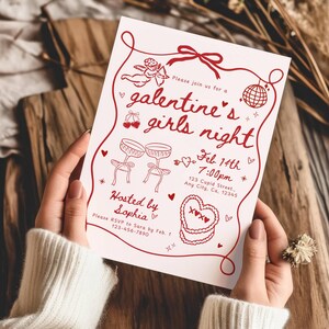 Galentine&#39;s Day Invitation Template, Valentines Party Girls Night Party Invite, Pink Whimsical hand drawn Galentines Invite Brunch Printable