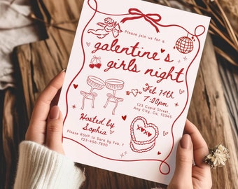 Galentine's Day Invitation Template, Valentines Party Girls Night Party Invite, Pink Whimsical hand drawn Galentines Invite Brunch Printable