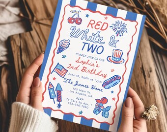May include: A patriotic invitation with a red, white, and blue theme. The invitation features the text "RED White & TWO" and includes illustrations of fireworks, an ice cream cone, and an American flag. The invitation is for Sophia's 2nd birthday.