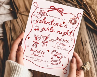 Galentine's Day Invitation Template, Valentines Party Girls Night Party Invite, Pink Whimsical hand drawn Galentines Invite Brunch Printable