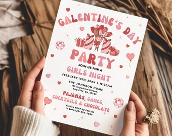 Retro Galentine's Day Invitation Template, Valentines Party Girls Night Party Invite, Pajama Party Galentines Invite Brunch Printable
