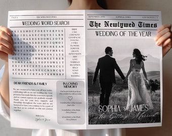 Zeitung Hochzeitsprogramm Vorlage, bearbeitbares Hochzeitszeitungspapierprogramm, druckbares Hochzeitsinfografik, gefaltetes Hochzeitstagsprogramm Tabloid
