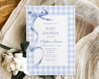 Modello di invito per baby shower a quadretti blu, invito per baby shower a quadri con fiocco, invito per brunch classico vintage "It's a Boy" modificabile e stampabile