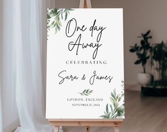 Cartel de bienvenida de un día de distancia, cartel de bienvenida de la cena de ensayo de bodas, la noche anterior al cartel de bienvenida Plantilla editable de señalización de ensayo de vegetación