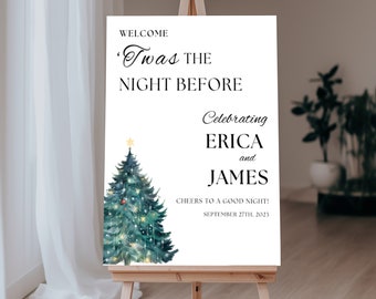 Cartel de bienvenida de la cena de ensayo de bodas de Navidad, cartel de bienvenida de la noche anterior, plantilla editable de señalización de bienvenida de la cena de ensayo de invierno