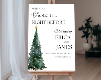 Cartel de bienvenida de la cena de ensayo de bodas de Navidad, cartel de bienvenida de la noche anterior, plantilla editable de señalización de bienvenida de la cena de ensayo de invierno
