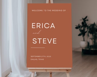 Terracotta Welcome Wedding Sign, Minimalist Wedding Welcome Sign Poster Template, Modern Burnt Orange Rust Wedding Signage Editable Pampas