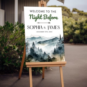 Cartel de bienvenida para la cena de ensayo de bodas en el Parque Nacional, la noche anterior al cartel de bienvenida Plantilla de señalización de bienvenida para la cena de ensayo del bosque de montaña