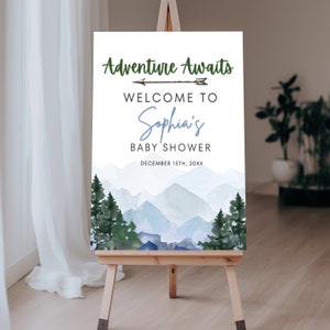 Berg baby shower welkomstbord, avontuur wacht op baby shower welkomstbord, bosbomen genderneutrale douche welkom signage sjabloon