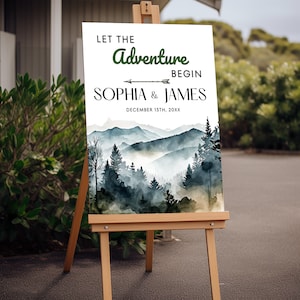Cartello di benvenuto per matrimonio di benvenuto nel Parco Nazionale, modello di cartello per matrimonio di benvenuto in foresta di montagna moderna, poster di benvenuto per matrimonio, cartello di benvenuto per avventure