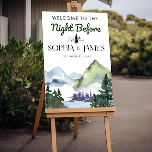 Cartel de bienvenida de la cena de ensayo de bodas en la montaña, cartel de bienvenida de la noche anterior, plantilla editable de señalización de bienvenida de la cena de ensayo en el bosque