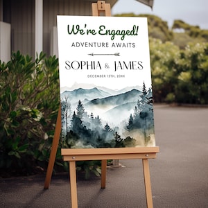 Signo de fiesta de compromiso del Parque Nacional, plantilla de signo de bienvenida de compromiso del bosque de montaña, la aventura moderna espera la señalización comprometida con la boda