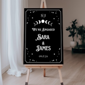 Tarot-Verlobungsfeierschild, Halloween-Schwarz-Verlobungs-Willkommensschild-Vorlage, Celestial Gothic Witchy Fall We're Engaged Signage Bearbeitbar