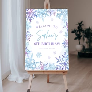 Modern Winter Birthday Welcome Sign, Winter Wonderland Winter Princess Welcome Sign, Snowflake Girl Birthday Party Welcome Signage Template
