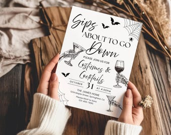 Plantilla de invitación de Halloween "Sips about to go Down", invitación para fiesta de Halloween para adultos, disfraces de esqueletos y cócteles para fiestas de otoño de Halloween.