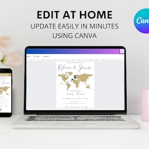 May include: A laptop computer screen displaying a wedding invitation template with a world map and the text "Olivia & James" in a gold script font. The invitation is being edited in Canva, a graphic design platform. The text "EDIT AT HOME" and "UPDATE EASILY IN MINUTES USING CANVA" is displayed above the laptop.
