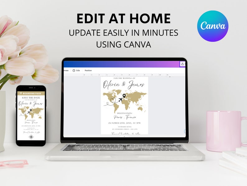 May include: A laptop computer screen displaying a wedding invitation template with a world map and the text "Olivia & James" in a gold script font. The invitation is being edited in Canva, a graphic design platform. The text "EDIT AT HOME" and "UPDATE EASILY IN MINUTES USING CANVA" is displayed above the laptop.