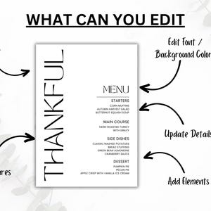 May include: A black and white printable Thanksgiving menu template with the word "THANKFUL" in large letters. The menu includes starters, main course, side dishes, and dessert. The text "What Can You Edit" is written above the menu with arrows pointing to different areas of the menu, indicating editable elements.