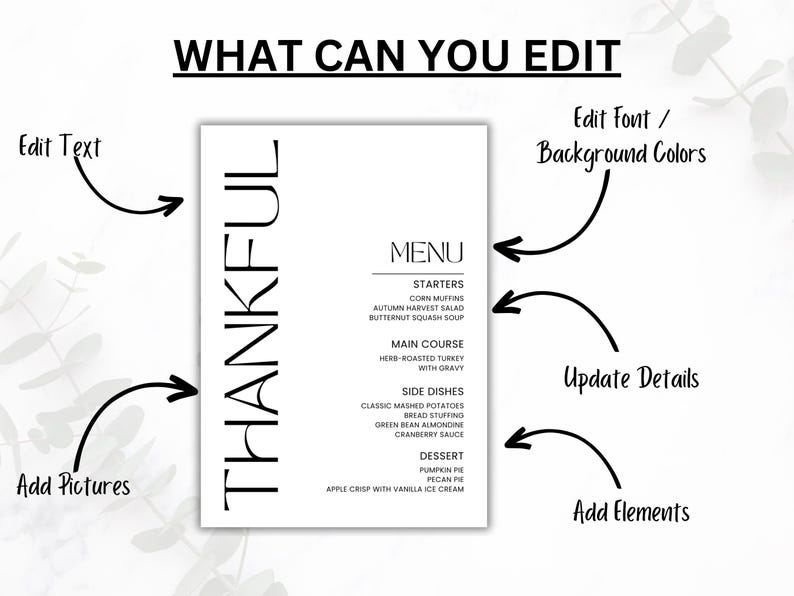 May include: A black and white printable Thanksgiving menu template with the word "THANKFUL" in large letters. The menu includes starters, main course, side dishes, and dessert. The text "What Can You Edit" is written above the menu with arrows pointing to different areas of the menu, indicating editable elements.