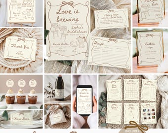 Love is Brewing Bridal Shower Bundle, Espresso Martini Bridal Shower Invite Signs & Games Bundle Hand Drawn  Bow Coffee Editable Template