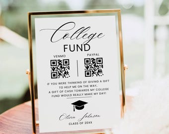 College Fund QR Code Sign Template, Modern Minimalist Graduation Party Sign, Custom High School Grad Table Sign, Cash QR Code Sign Editable