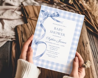 Modello di invito per baby shower a quadretti blu, invito per baby shower a quadri con fiocco, invito per brunch classico vintage "It's a Boy" modificabile e stampabile