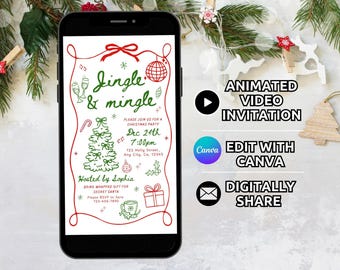 Puede incluir: Un teléfono inteligente muestra una invitación digital para una fiesta de Navidad con dibujos de líneas rojas y verdes. El texto dice Jingle & mingle, Dec 24th 7:00pm, 123 Holly Street, Any City, Ca, 12345, Hosted by Sophia, e incluye iconos festivos.