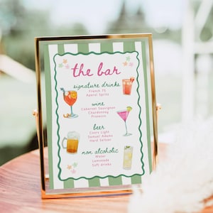 Modello di cartello per menu da bar divertente, modello di menu da bar con firma disegnata a mano, strisce verdi ondulate, cartello per cocktail bar per feste di compleanno e matrimonio