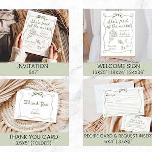 May include: Printable bridal shower invitation, welcome sign, thank you card, and recipe card with a green and white colour scheme. The text on the invitation says "She's fresh off the market" and the welcome sign says "Welcome to Sophia's Bridal Shower".