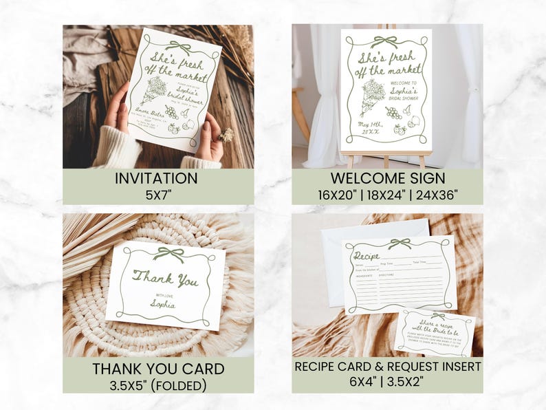 May include: Printable bridal shower invitation, welcome sign, thank you card, and recipe card with a green and white colour scheme. The text on the invitation says "She's fresh off the market" and the welcome sign says "Welcome to Sophia's Bridal Shower".