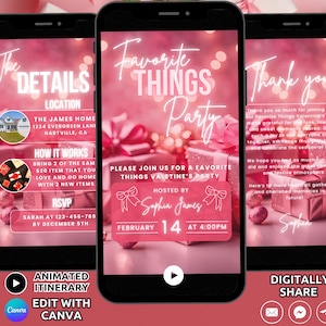 Digital Pink Favorite Things Party Invitation Template, Valentines Day Girls Night Invite, Galentines Party  Gift Exchange Invite Phone