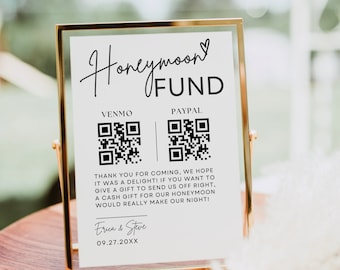 Sinal de código QR do fundo de lua de mel, sinal de fundo de lua de mel de casamento, sinal de código QR Venmo de casamento moderno, modelo editável de fundo de lua de mel para impressão