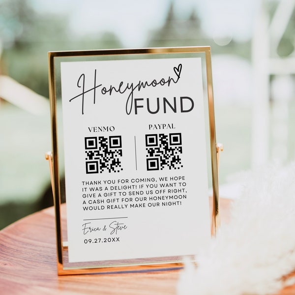 Honeymoon Fund QR Code Sign, Wedding Honeymoon Fund Sign, Modern Wedding Venmo QR Code Sign, Editable Honey moon Fund Template Printable