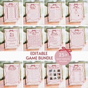 Paquete de juegos de despedida de soltera dibujados a mano, paquete de juegos de despedida de soltera en rosa ondulado, conjunto de actividades para una despedida de soltera coqueta y caprichosa, plantilla editable