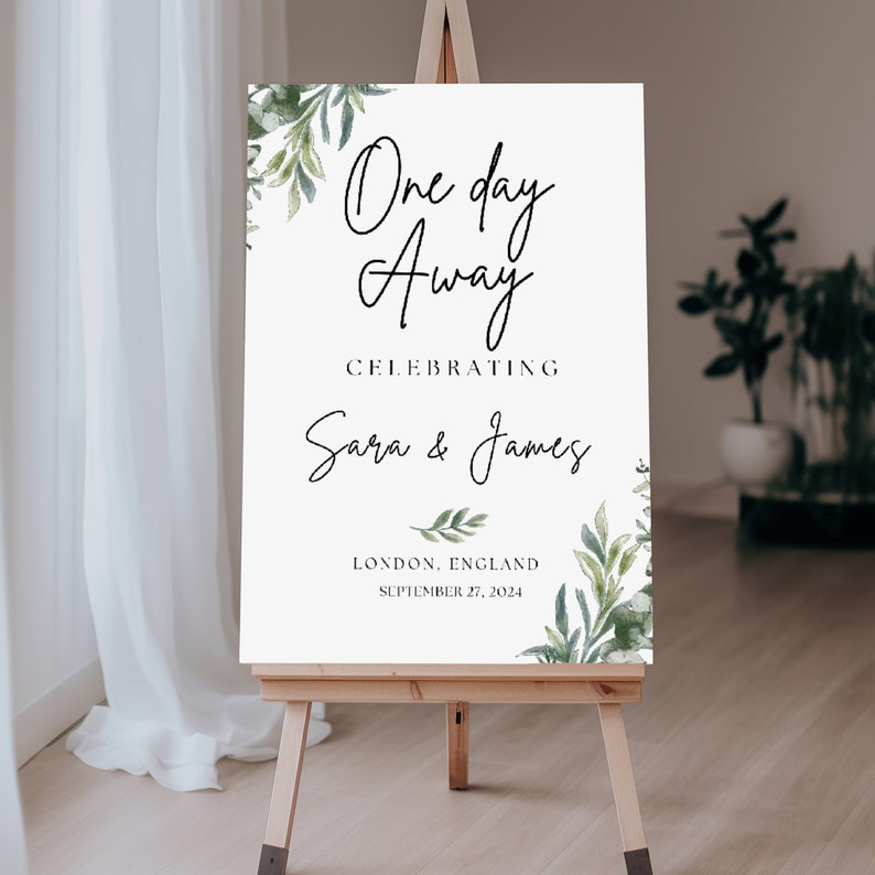 Cartel de bienvenida de un día de distancia, cartel de bienvenida de la cena de ensayo de bodas, la noche anterior al cartel de bienvenida Plantilla editable de señalización de ensayo de vegetación imagen 1