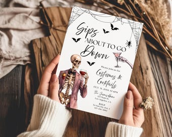 Sips about to go Down Halloween Invitation Template, Adult Halloween Party Invite Skeleton Costumes & Cocktails Halloween Fall Party Spooky