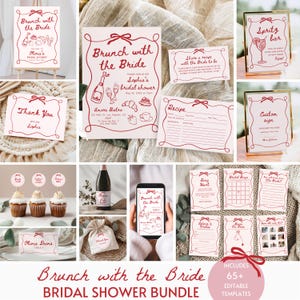 May include: A printable bridal shower bundle with the theme "Brunch with the Bride". The bundle includes 65+ editable templates with a red and white colour scheme. The templates feature illustrations of food, drinks, and other bridal shower elements.