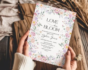 Szablon zaproszenia na wieczór panieński Wildflower Love in Bloom, zaproszenie na wieczór panieński z motywem kwiatowym Pastelowe kwiaty wiosenne Zaproszenie na brunch dla panny młodej Edytowalne