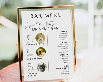 Pet Signature Drink Sign Template, Dog Signature Drink Bar Menu Template, Cat Cocktail Bar Sign Poster, Modern Wedding Bar Menu Editable