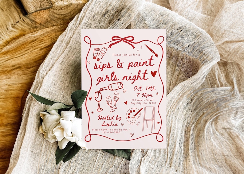 Sips and Paint Party Invitation Template, Wine Paint and Sip Girls Night Party Invite, Pink Whimsical hand drawn Birthday Dinner Printable image 2