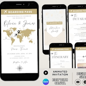 Animierte Bordkarte Hochzeitseinladung Video Vorlage, Digitales Hochzeit Invite Set, Reise Hochzeitspass Einladen Bearbeitbar
