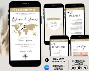 Geanimeerde instapkaart bruiloft uitnodiging videosjabloon, digitale bestemming bruiloft uitnodiging set, reizen bruiloft paspoort uitnodiging bewerkbaar